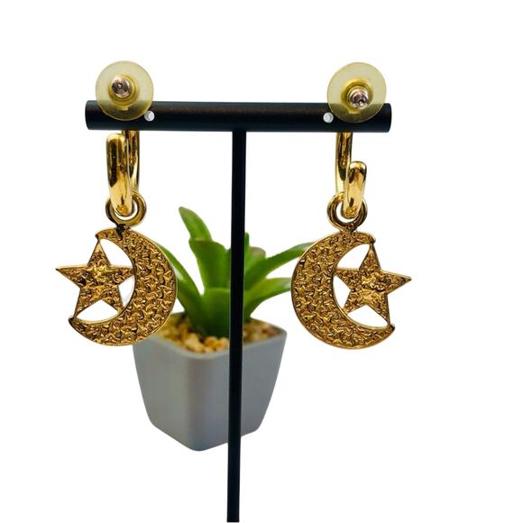 Vintage 80's Earrings Black Half Moon Gold Hoop Dangle Rhinestone Spacecore - Picture 15 of 16